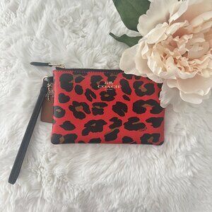 Coach Red and Black Leopard Print Corner Zip Wristlet, Leopard Print Clutch